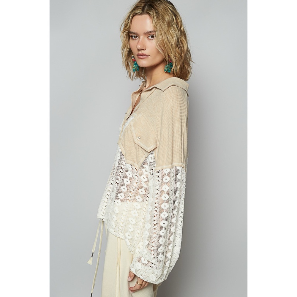 POL Beige & White Rib Knit with Lace Split Neck Top - Picture 8 of 12